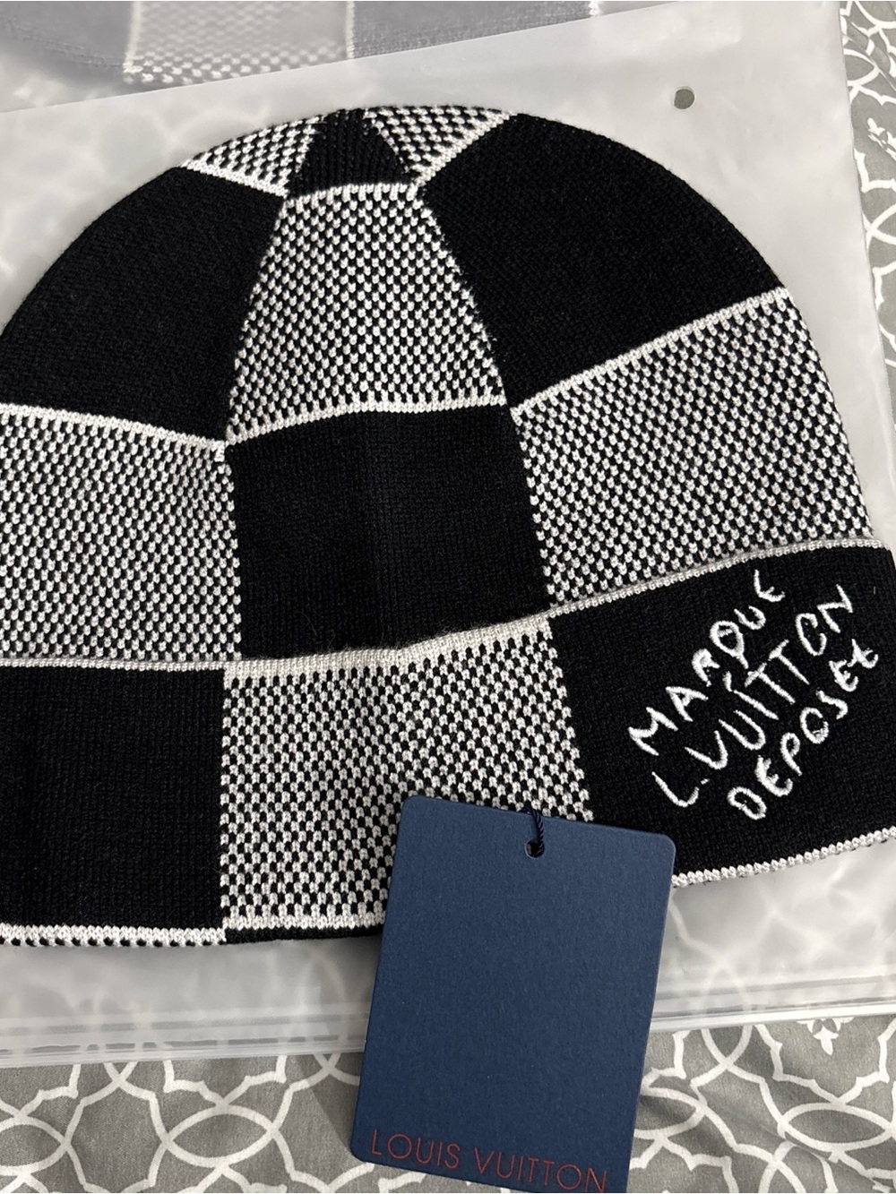 Louis Vuitton Black and White Checkerboard Knit Beanie